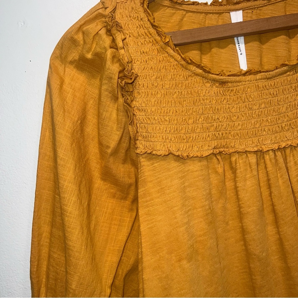 Anthropologie Smocked 3/4 Puff Sleeve (woven) Shirt (knit) Mustard Yellow L - Picture 3 of 10